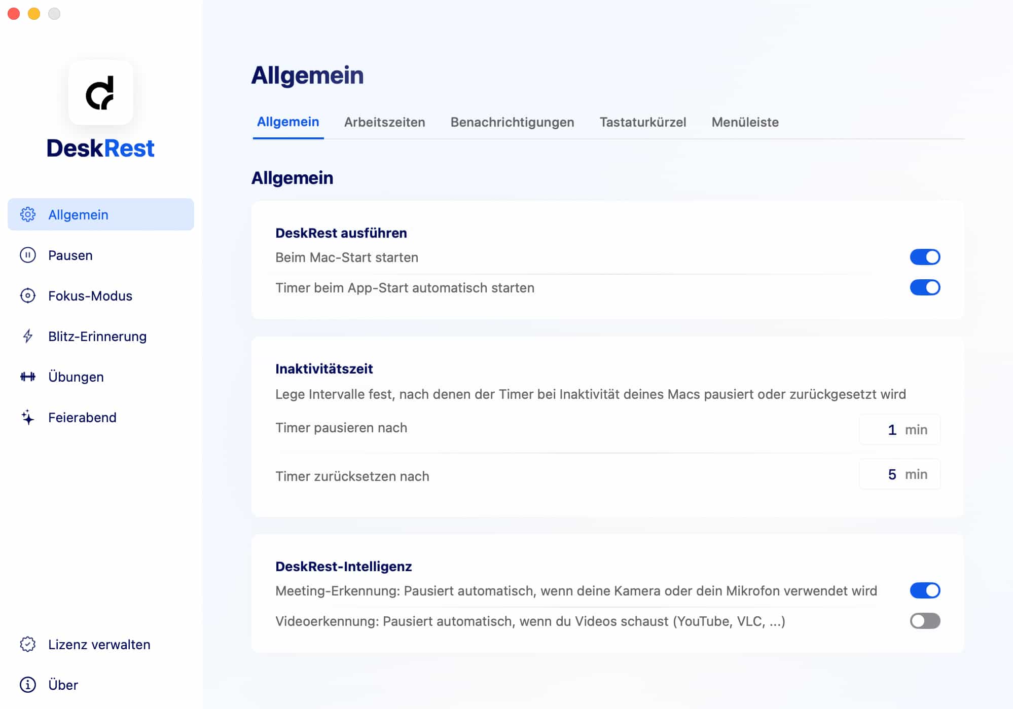 DeskRest Allgemeine Einstellungen