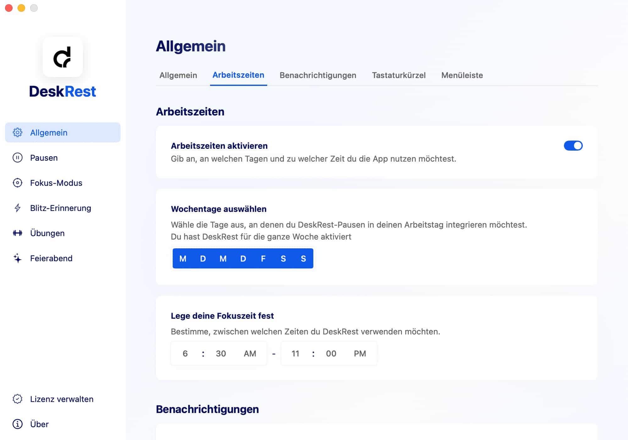 DeskRest Arbeitszeit-Einstellungen