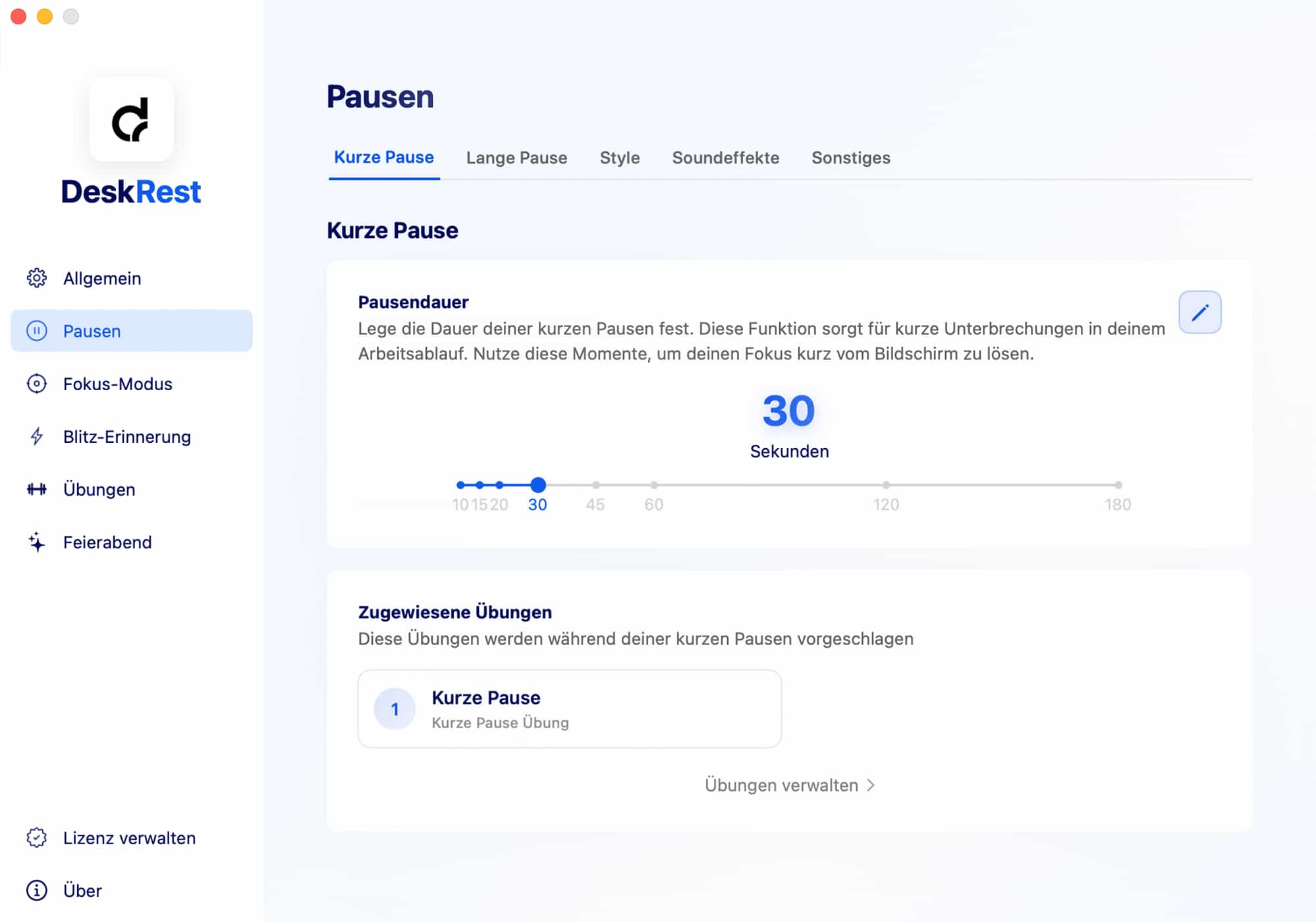 DeskRest Pausen-Einstellungen