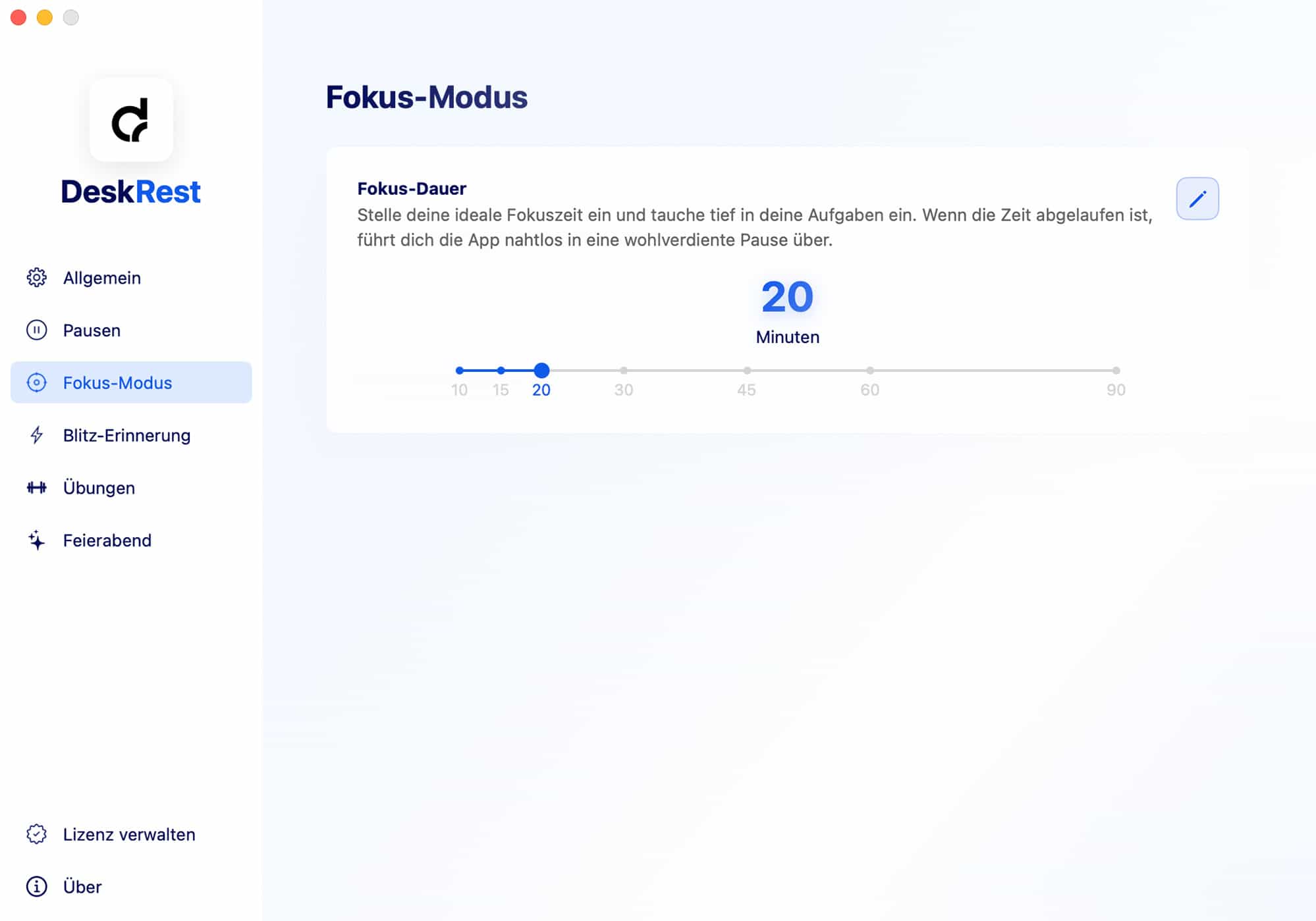 DeskRest Fokus-Modus-Einstellungen
