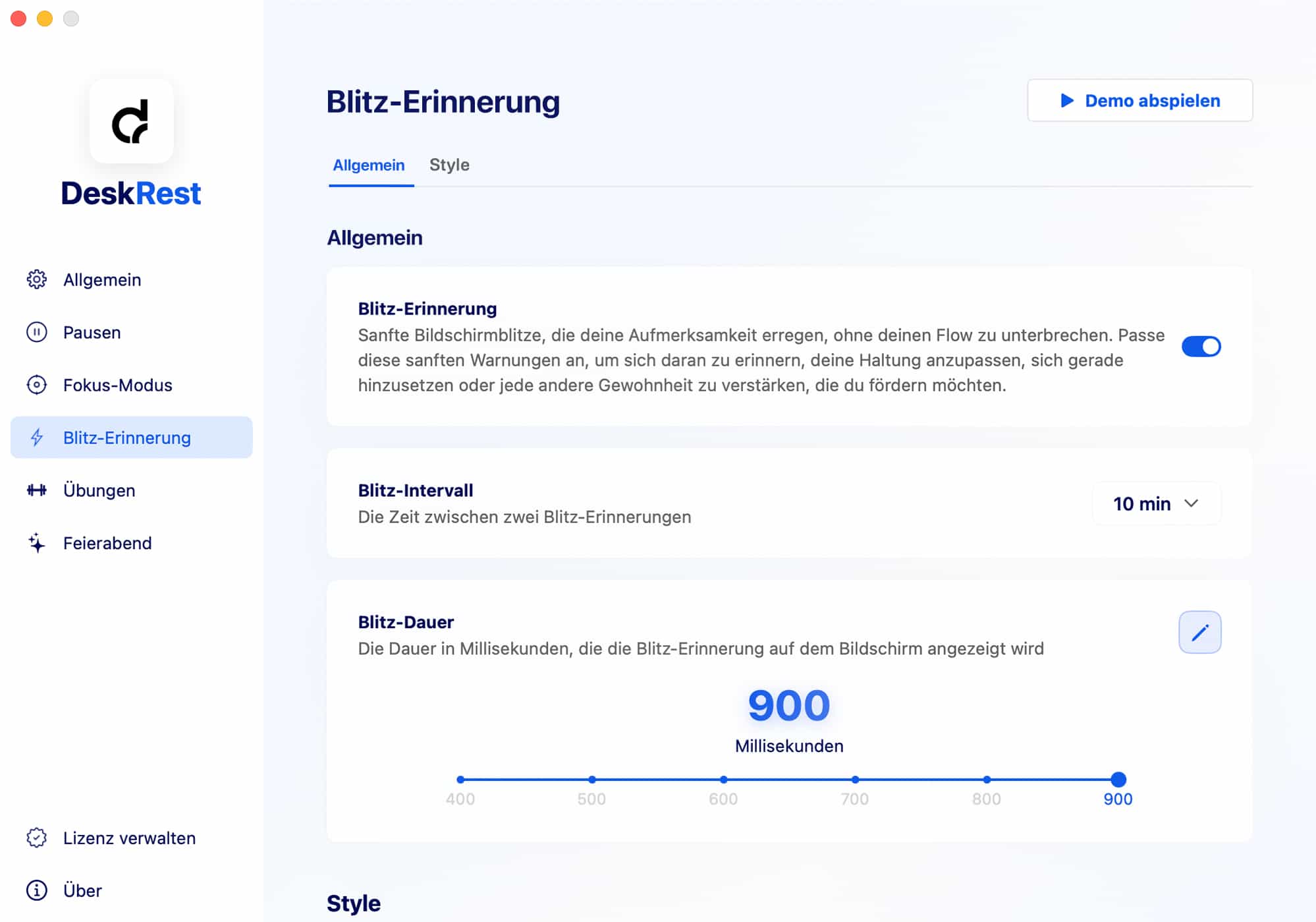 DeskRest Blitz-Erinnerungs-Einstellungen
