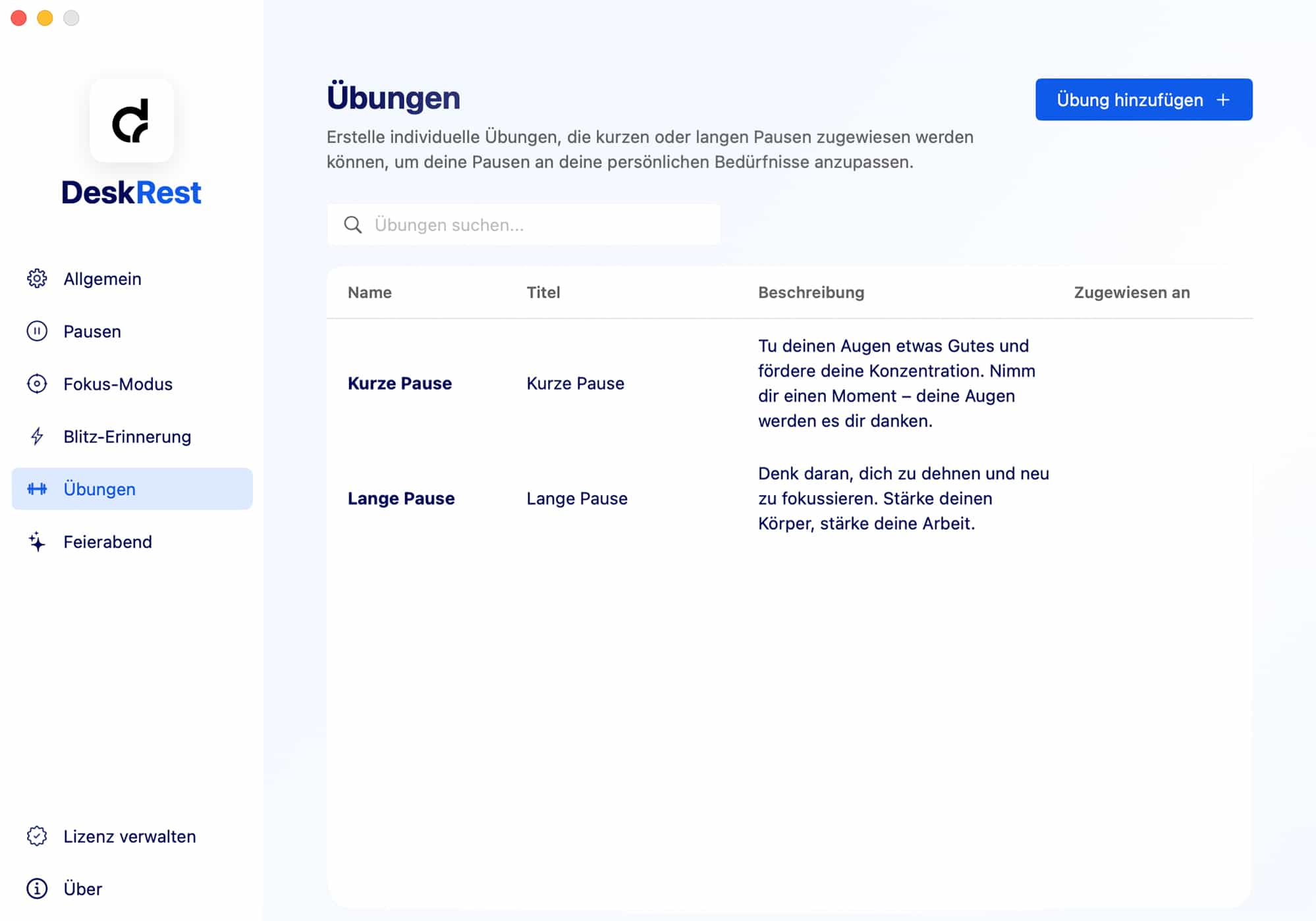 DeskRest Übungs-Einstellungen