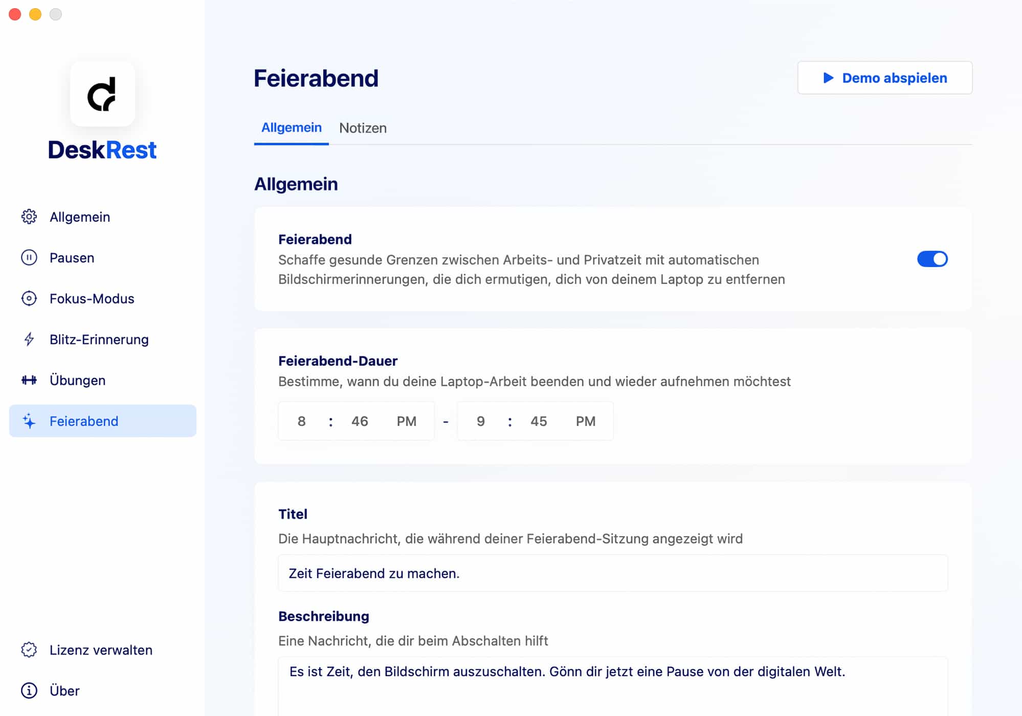 DeskRest Feierabend-Einstellungen