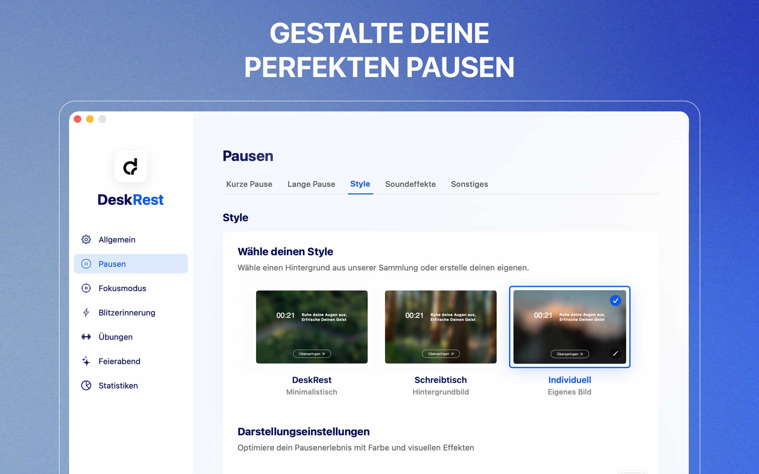 DeskRest Benutzerdefinierte Hintergrund-Einstellungen