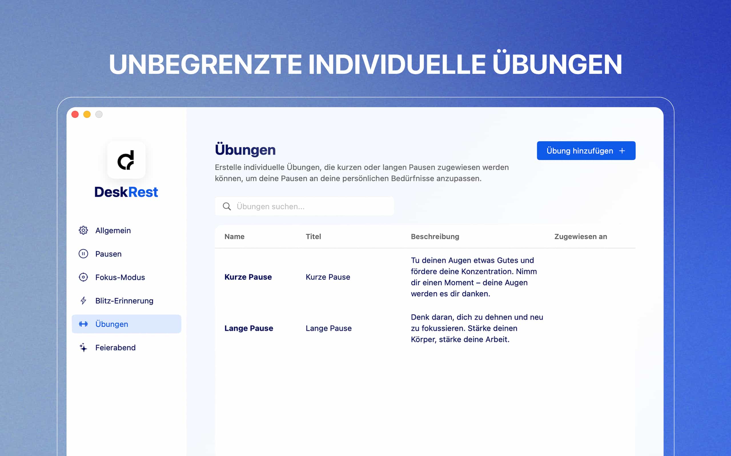 DeskRest Übungs-Einstellungen