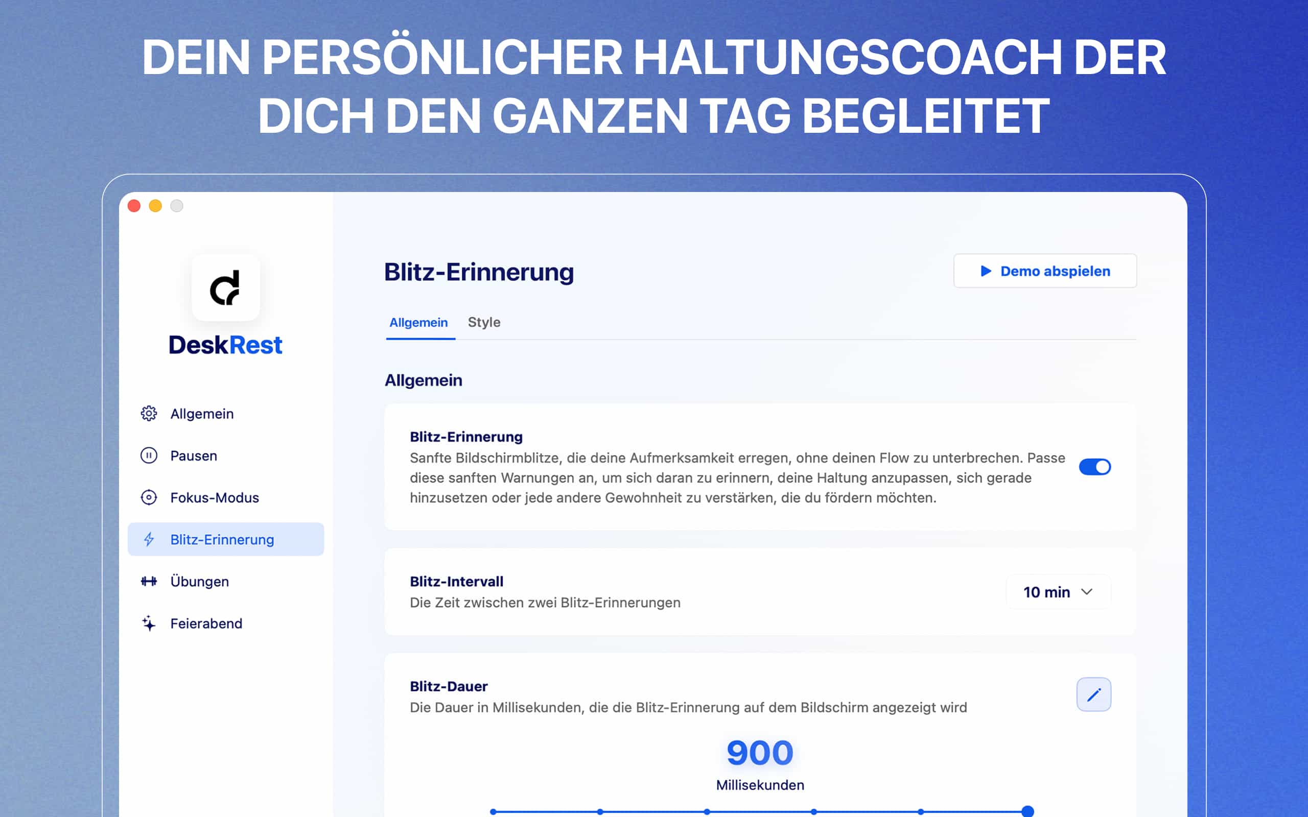 DeskRest Blitz-Erinnerungs-Einstellungen
