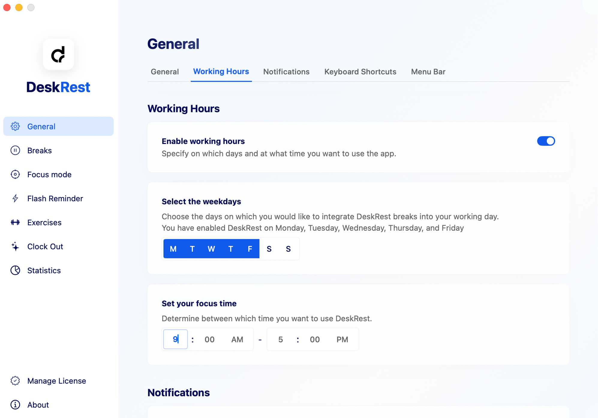 DeskRest Working Hours Settings
