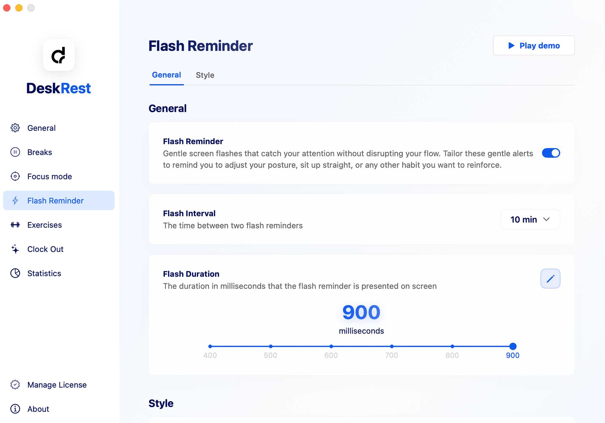 DeskRest Flash Reminder Settings