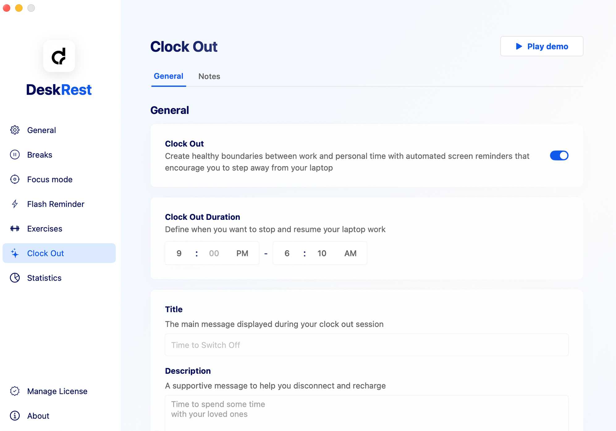 DeskRest Clock Out Settings