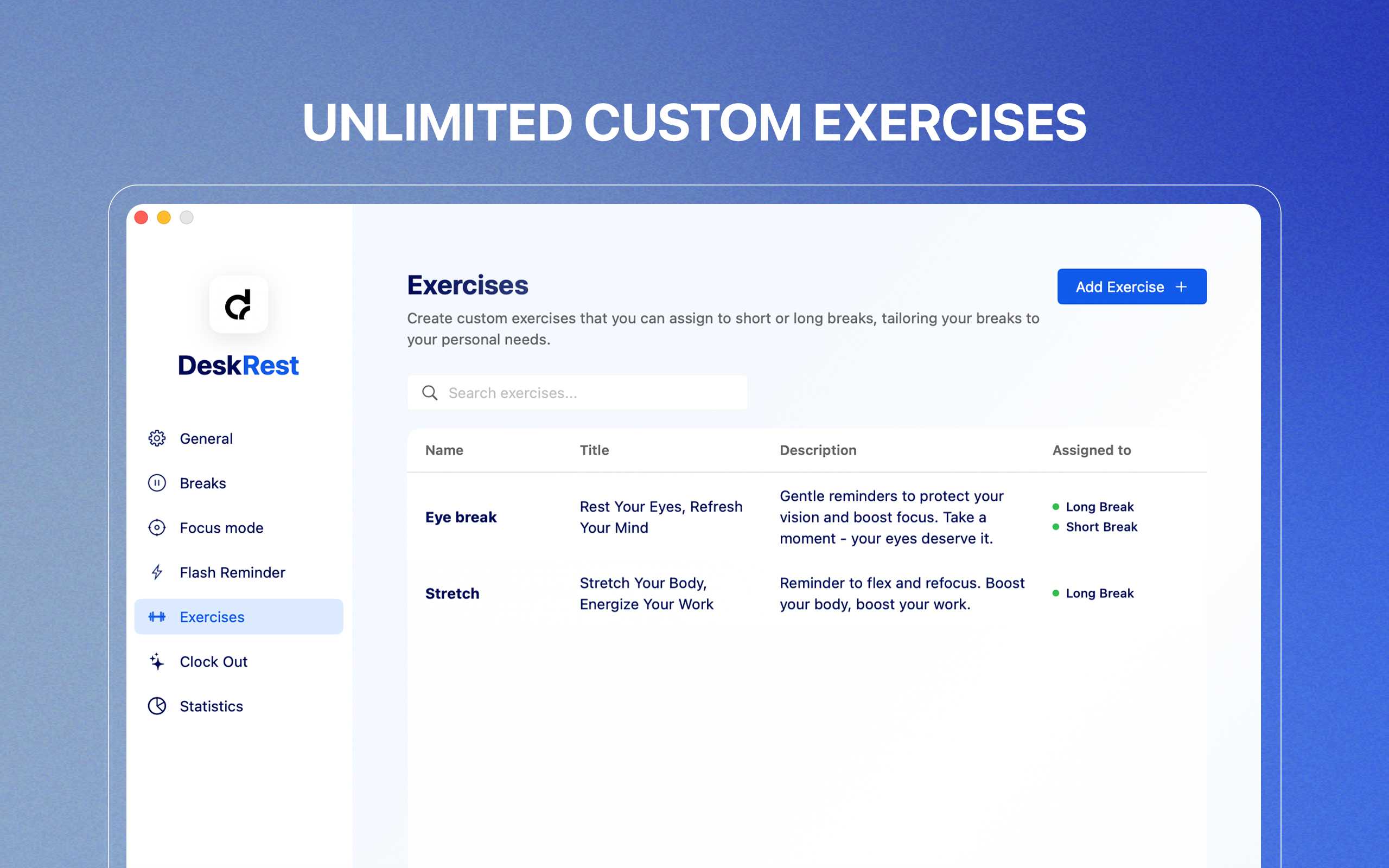 DeskRest Exercise Settings