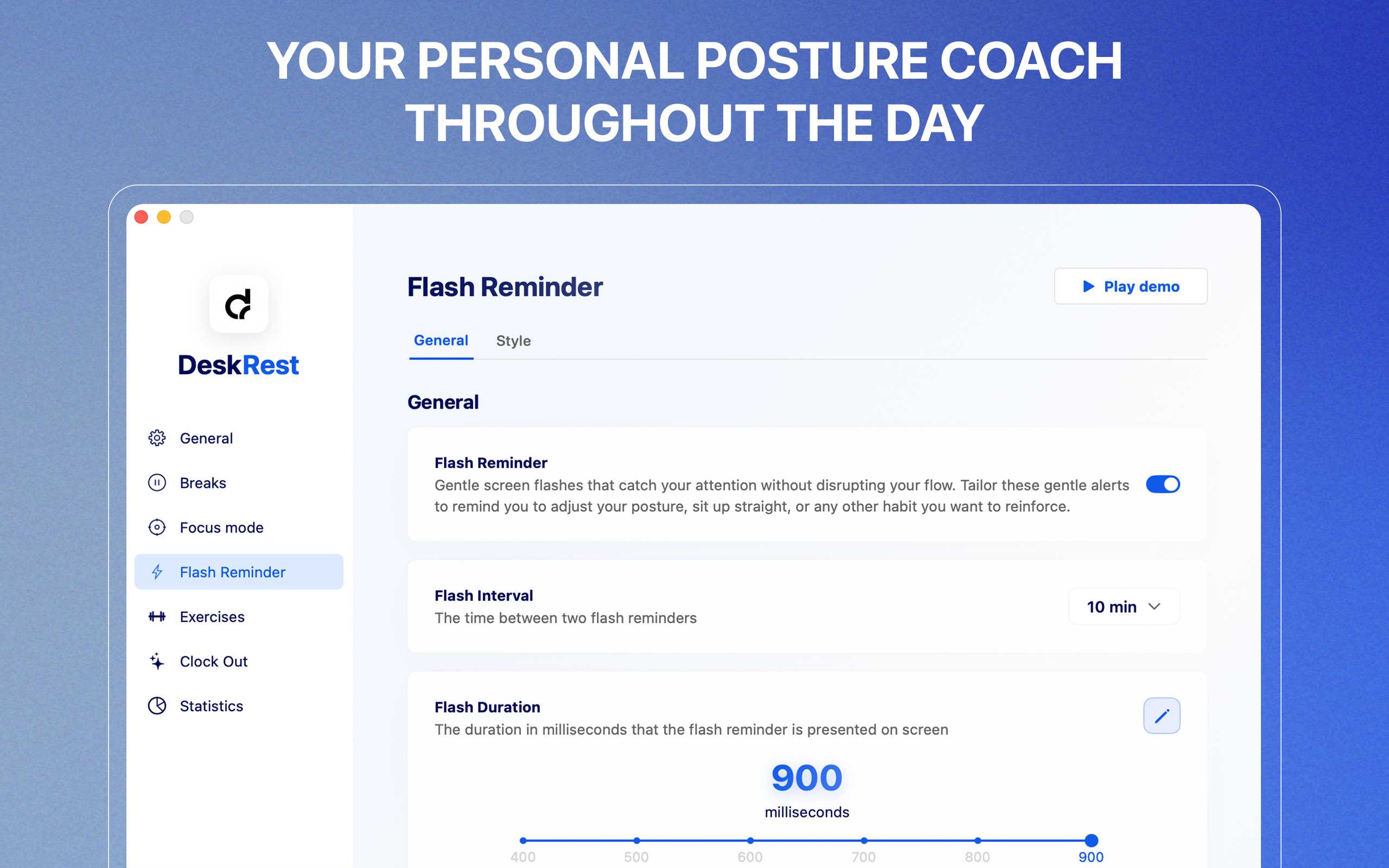 DeskRest Flash Reminder Settings